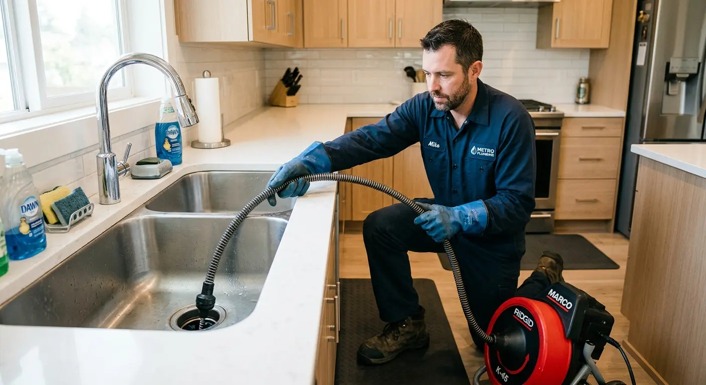 Drain cleaning technician using a motorized snake on a kitchen sink in Warwick