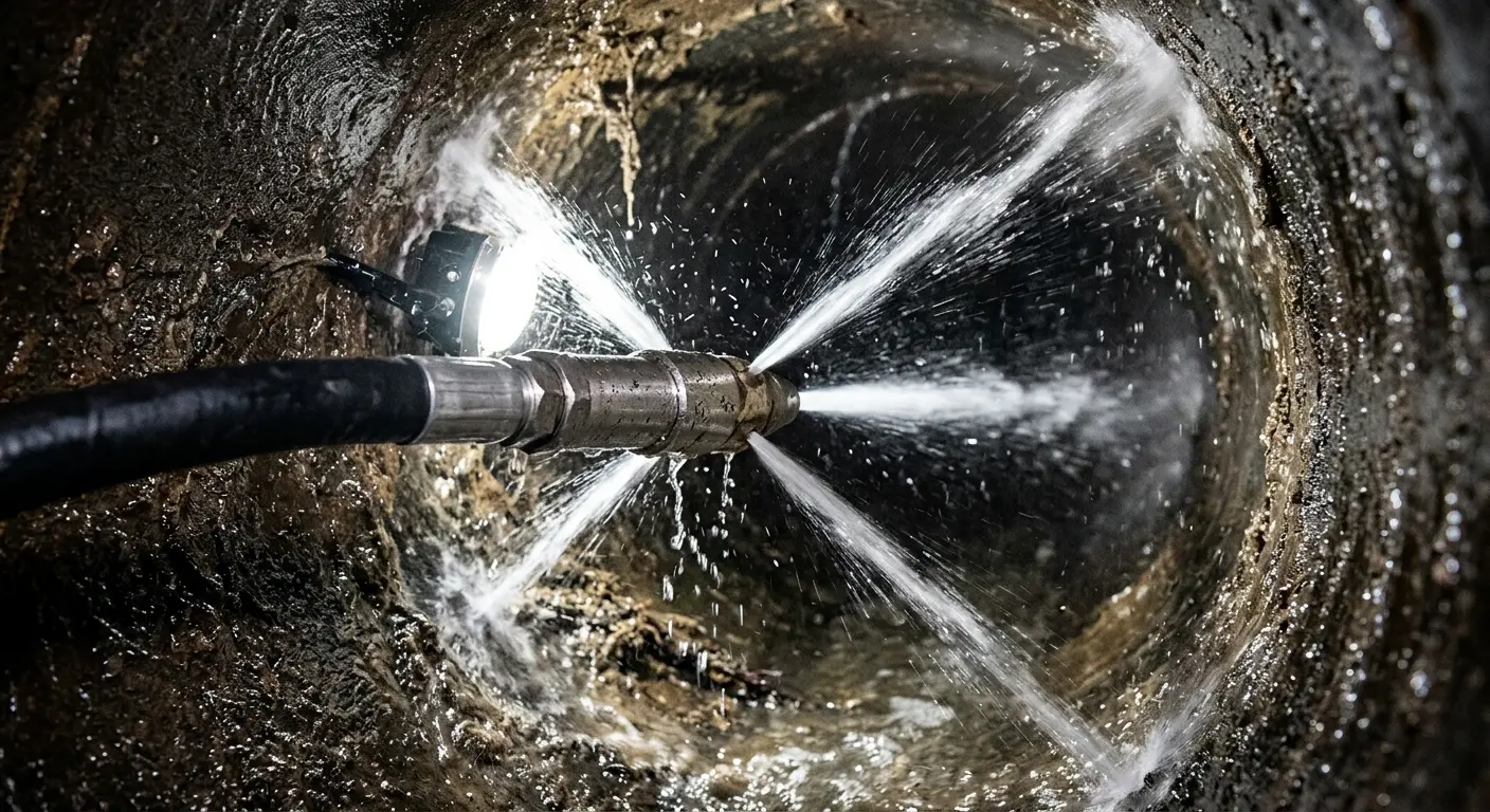 High-pressure hydro jetting nozzle cleaning sewer pipe for Emergency Drain Service in Warwick