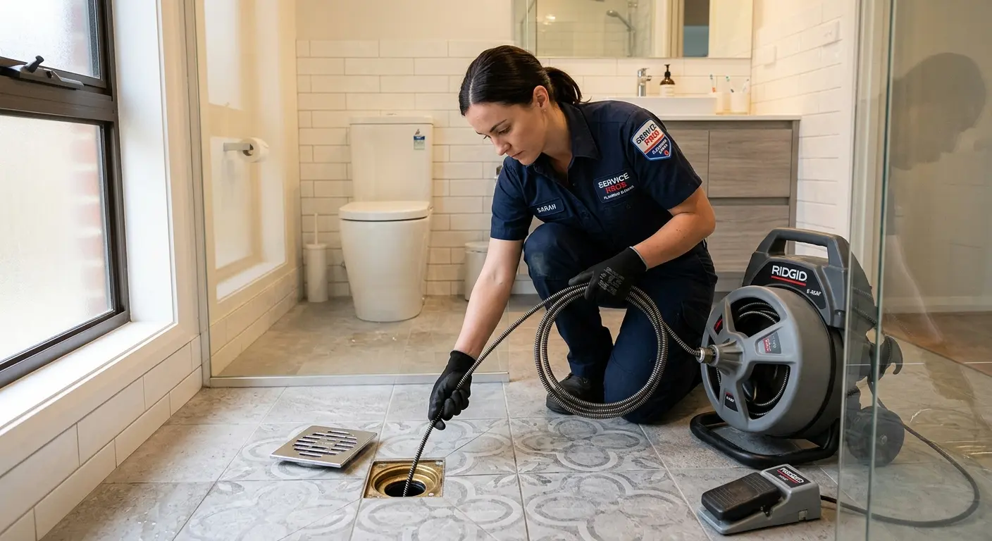 Technician clearing a bathroom floor drain for Sewer Line Replacement in Warwick